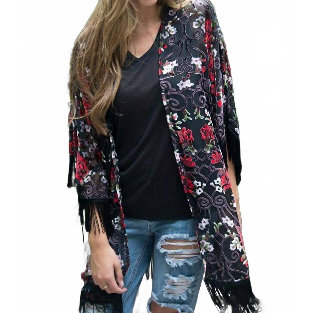 NEW NOSTALGIA open floral sleeved shawl in black